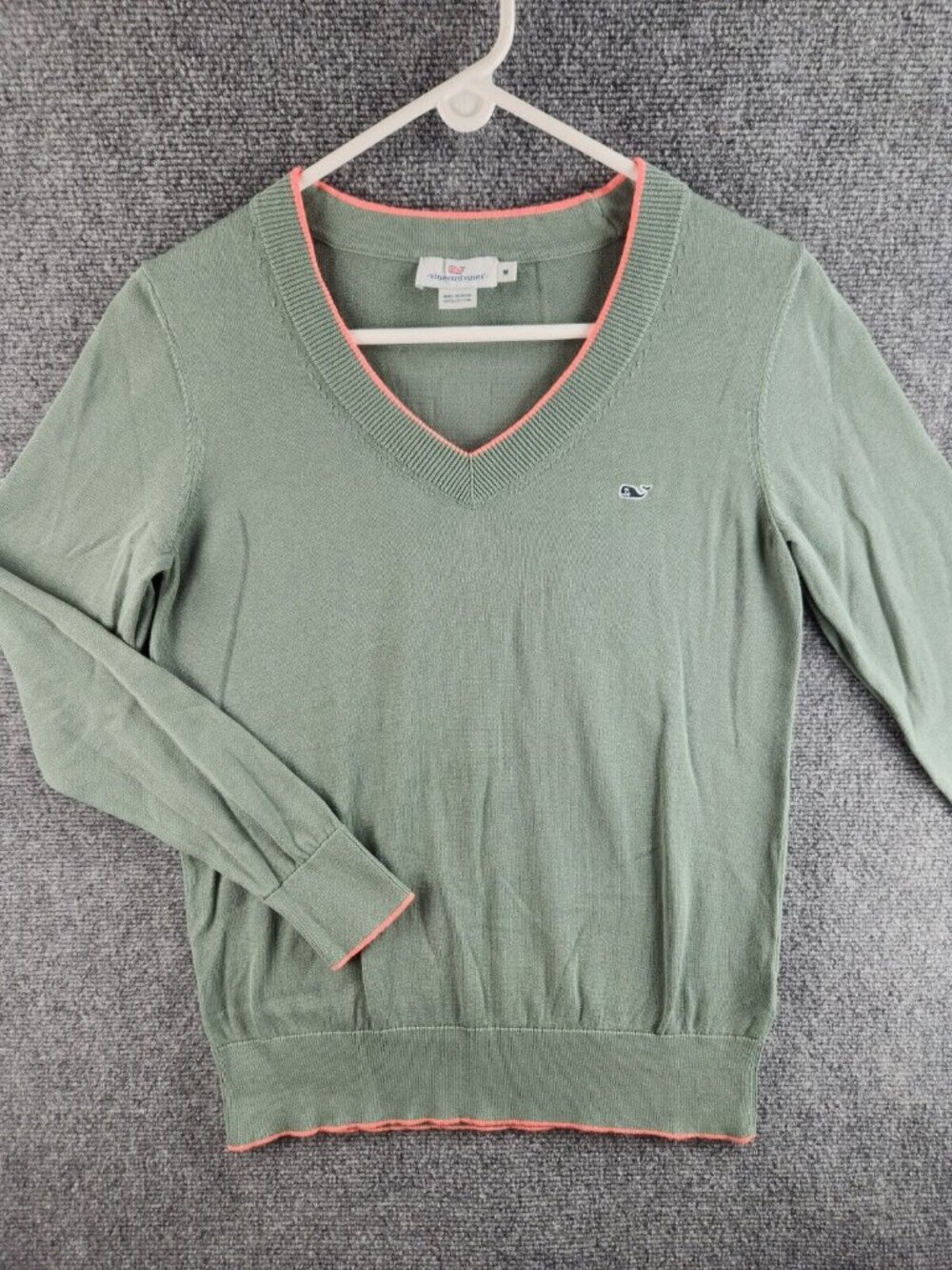 Vineyard Vines Heritage Sweater Medium Green Knit Cotton V Neck Pink Orange Trim